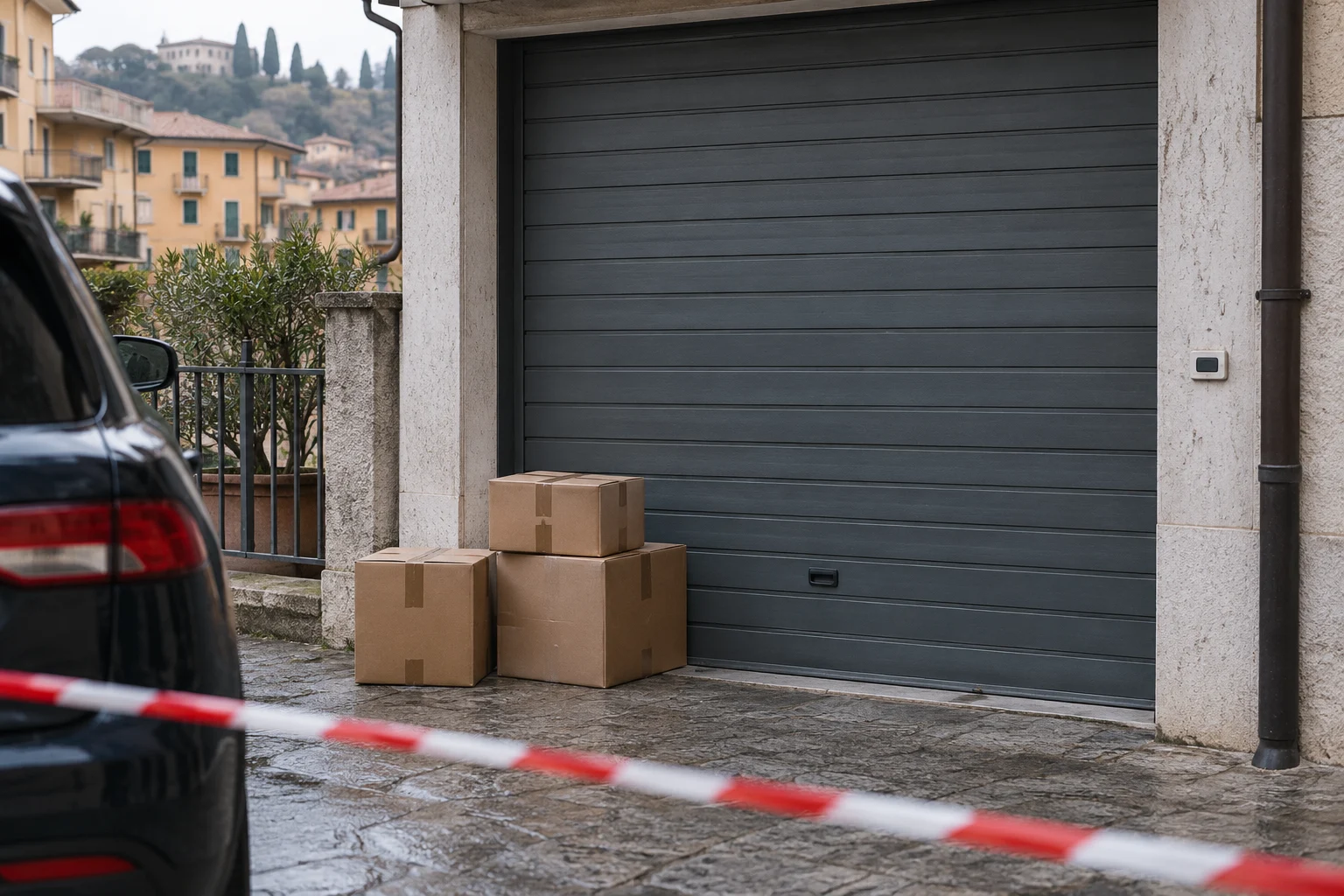 Immagine di contesto generata con IA: Autorimessa chiusa con scatole per reperti in primo piano.