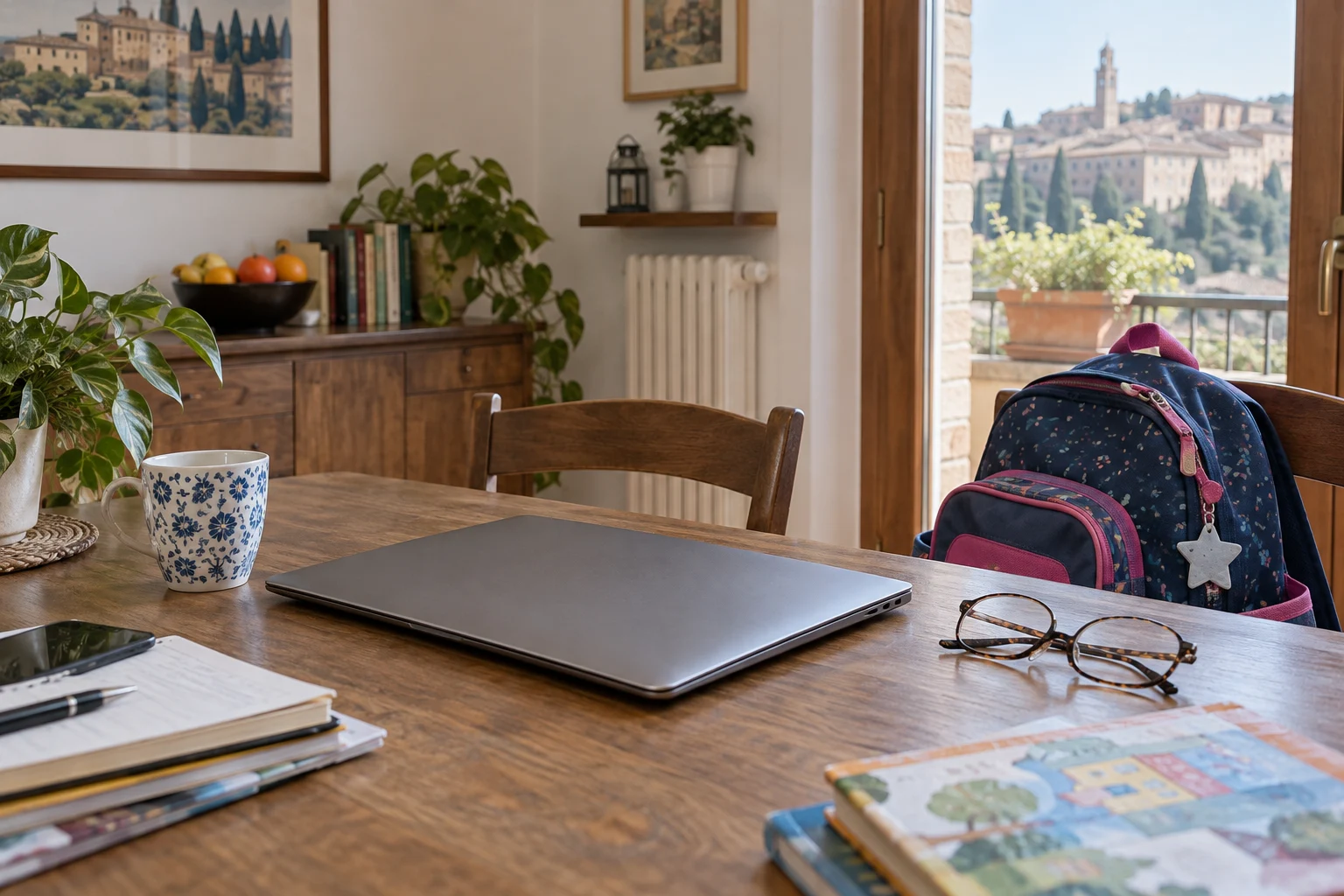 Immagine di contesto generata con IA: Computer chiuso e zaino scolastico in un ambiente domestico.