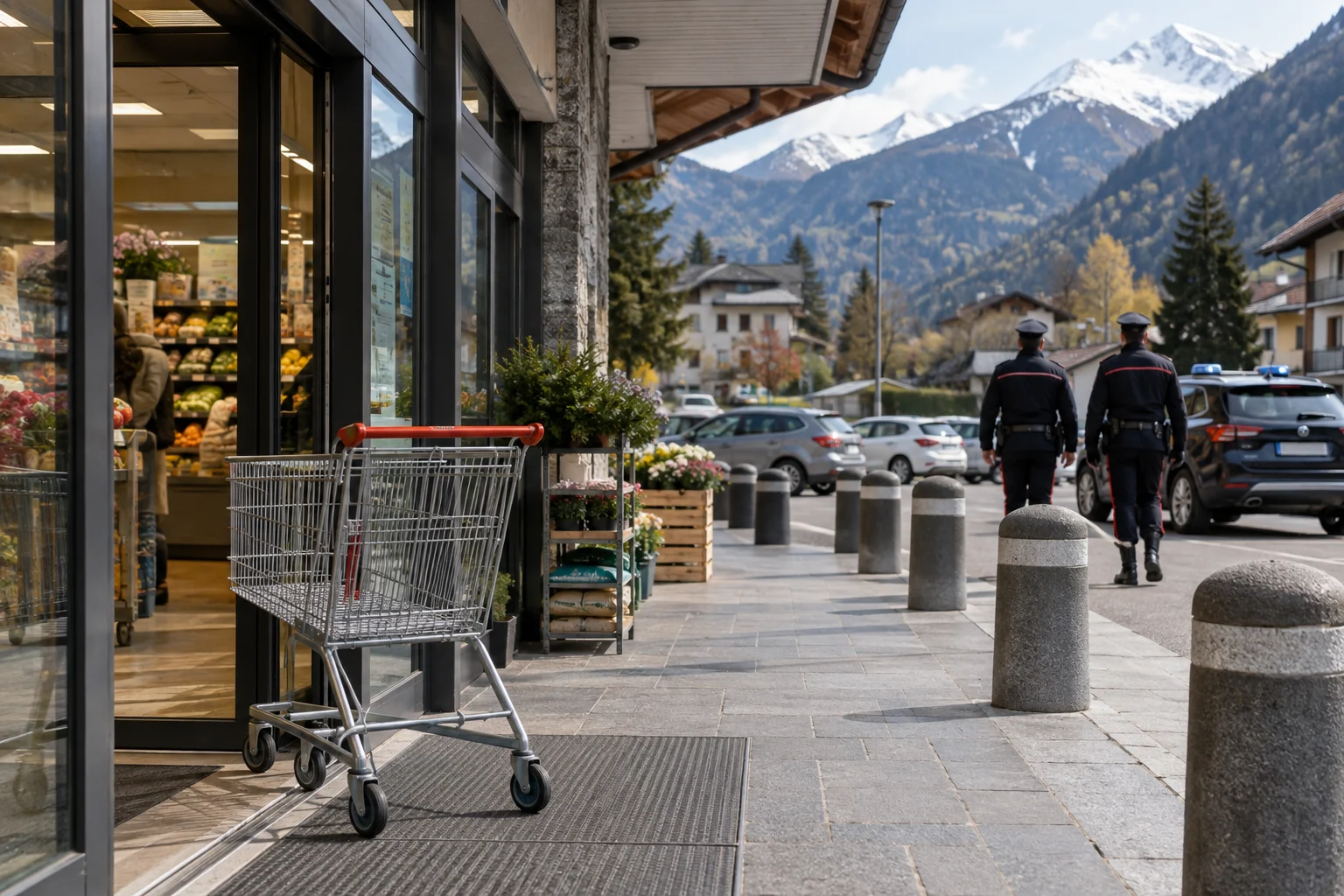 Immagine di contesto generata con IA: ingresso di un supermercato, carrello e pattuglia sullo sfondo.