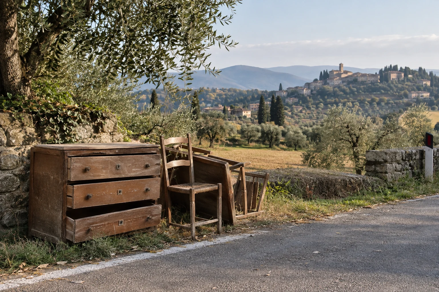 Immagine di contesto generata con IA: Mobili in legno abbandonati sul margine di una strada rurale.