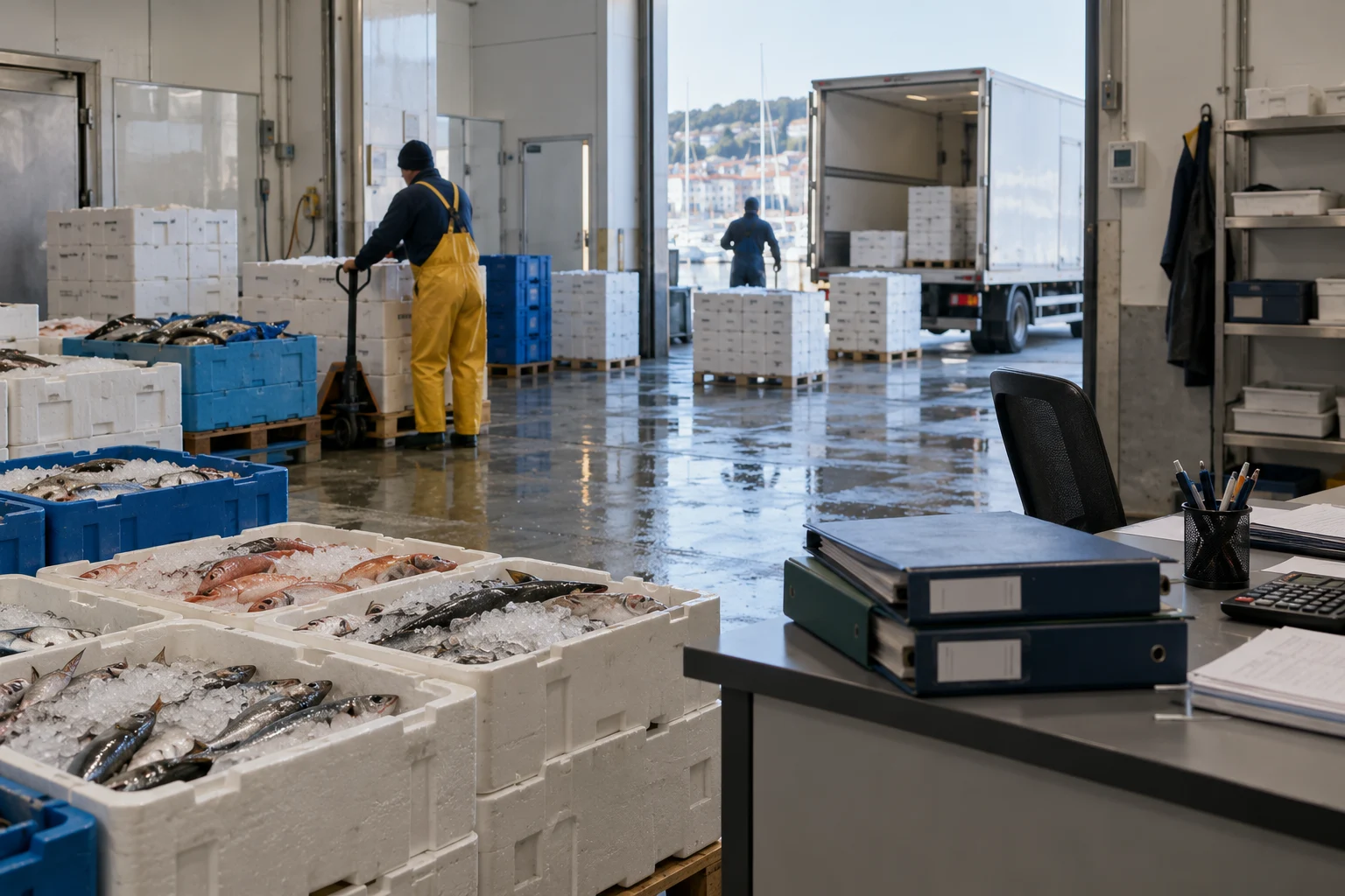 Immagine di contesto generata con IA: Magazzino ittico refrigerato con cassette e ufficio amministrativo.