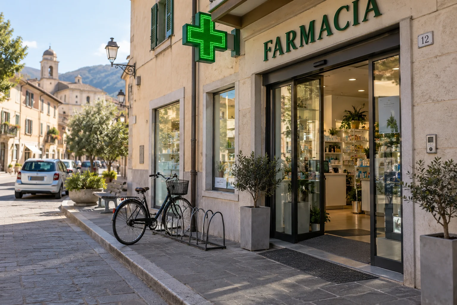 Immagine di contesto generata con IA: Ingresso di una farmacia con croce verde su una via tranquilla.