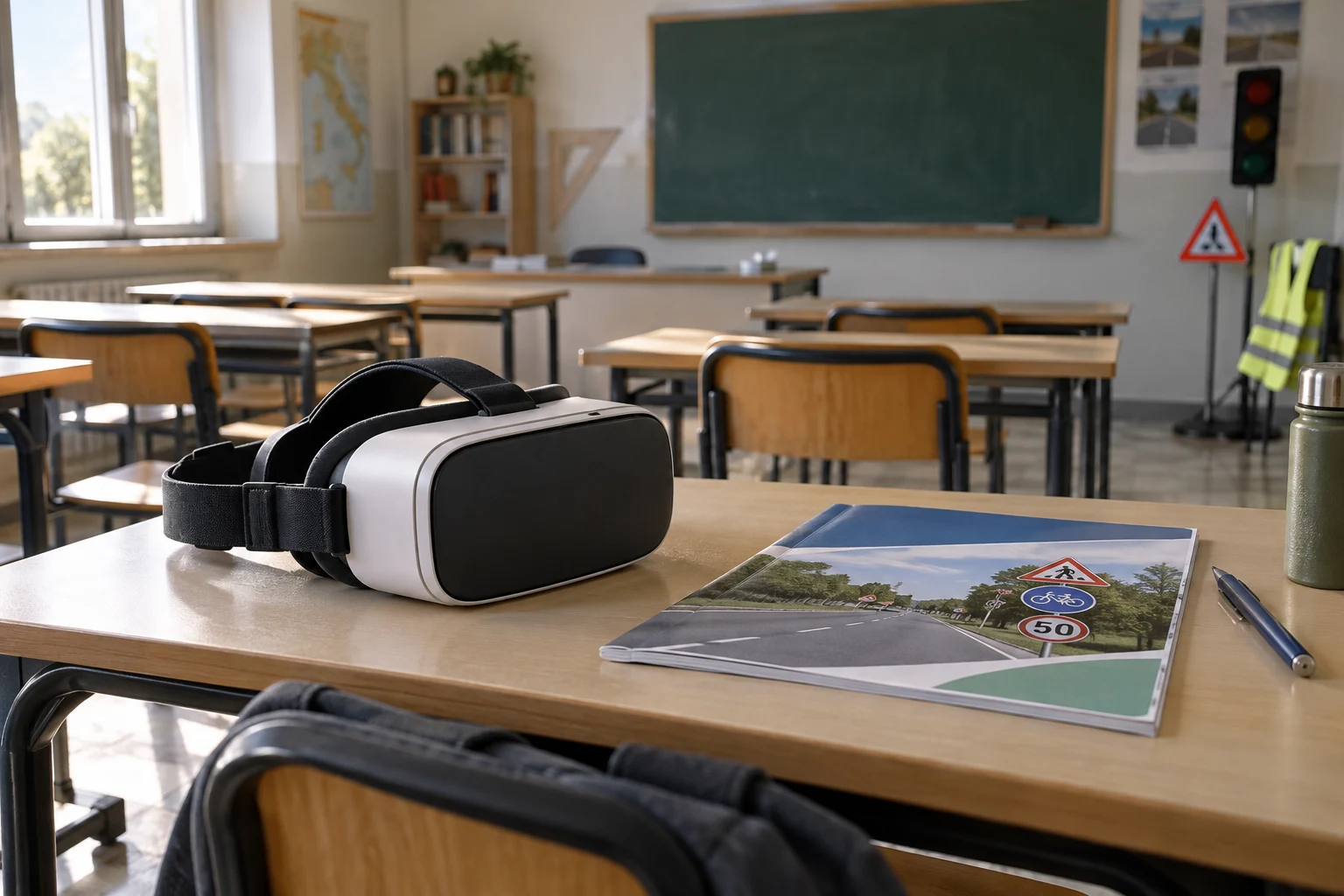 Immagine di contesto generata con IA: Visore per realtà virtuale su un banco scolastico vuoto.