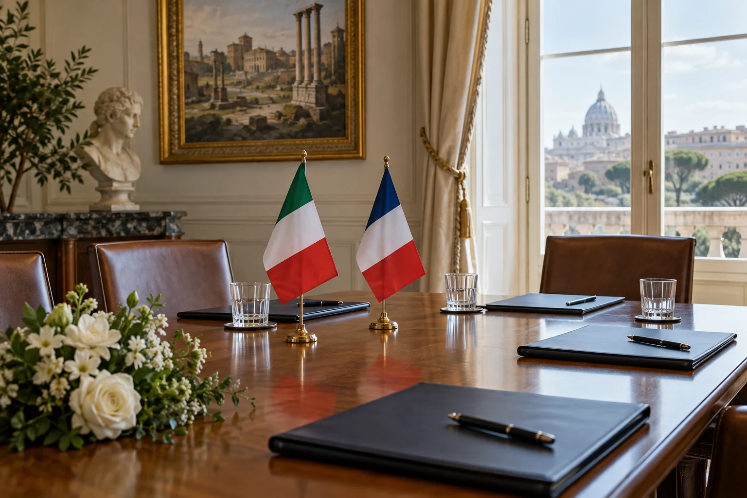 Immagine di contesto generata con IA: Tavolo riunioni con bandierine italiana e francese.
