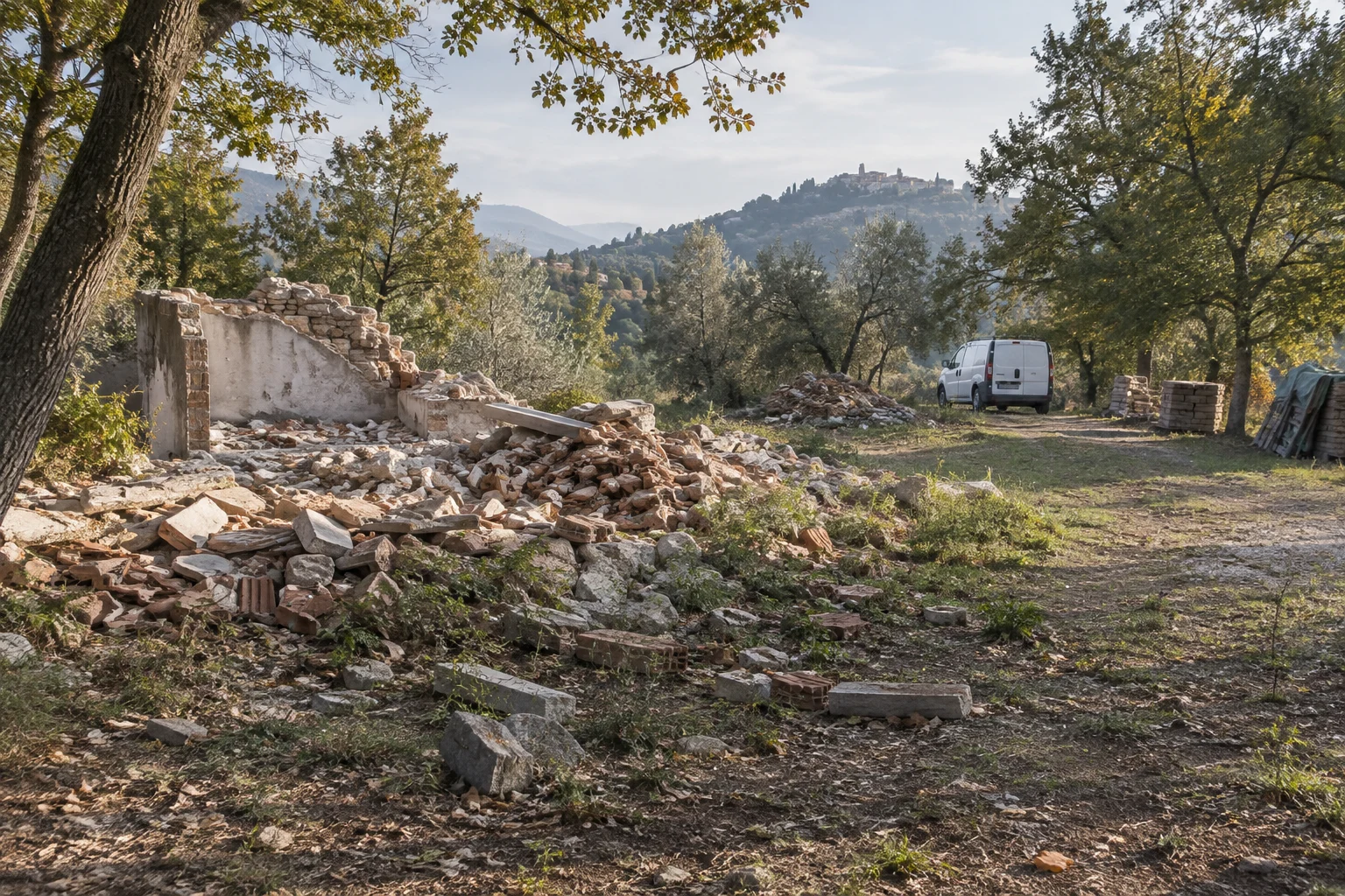 Immagine di contesto generata con IA: Rifiuti edili in una radura boschiva e un furgone in lontananza.