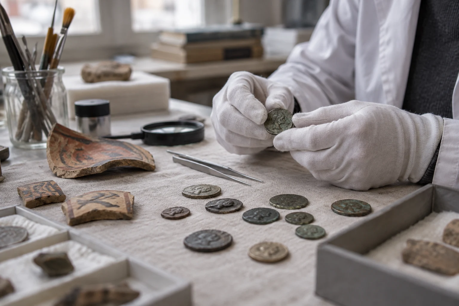 Immagine di contesto generata con IA: mani guantate esaminano monete antiche e frammenti ceramici.