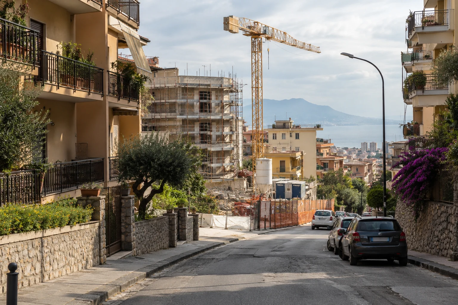 Immagine di contesto generata con IA: Edifici residenziali e cantiere in un contesto urbano generico.
