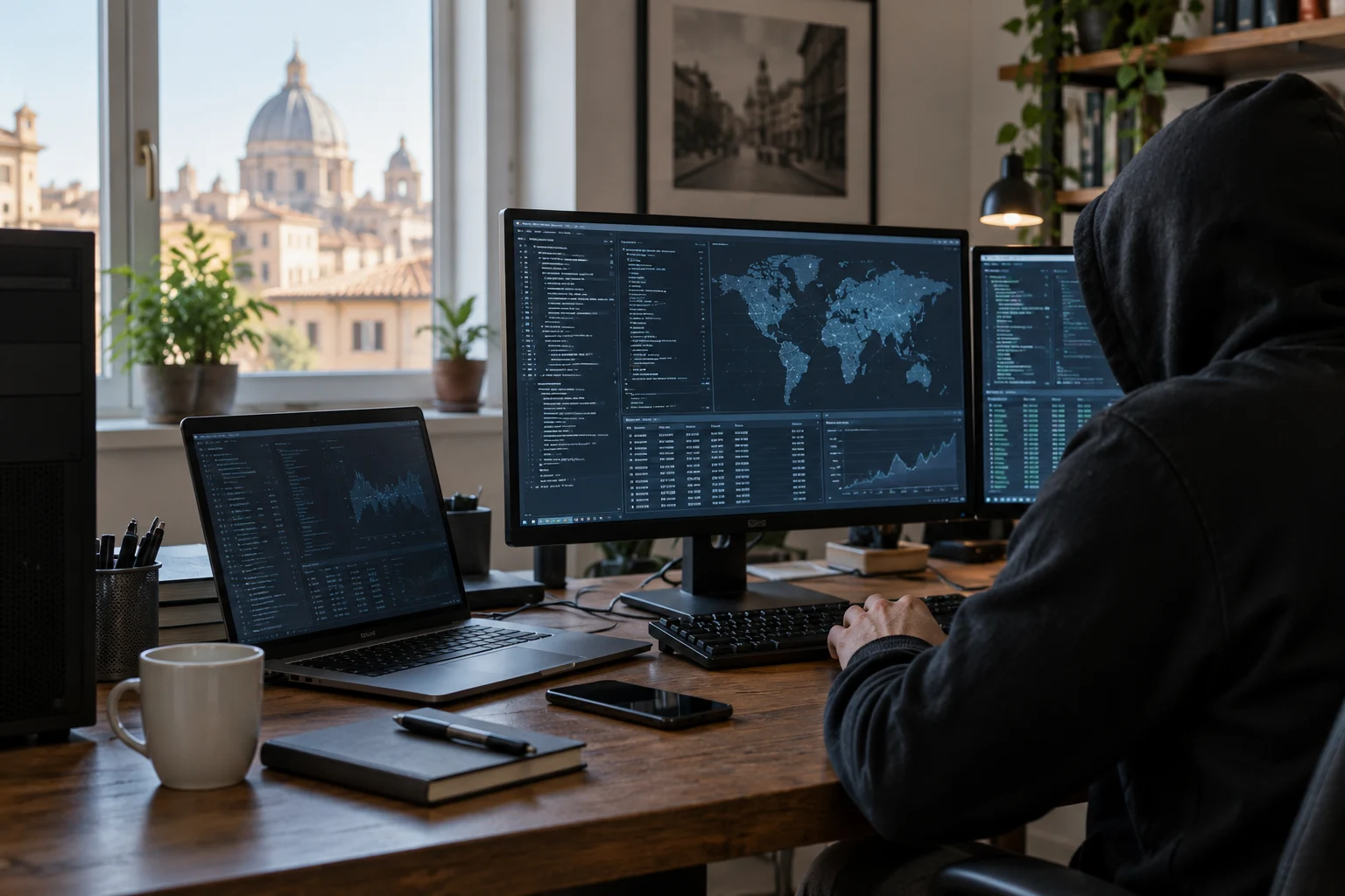 Immagine di contesto generata con IA: Postazione informatica per indagini finanziarie, con computer e appunti.