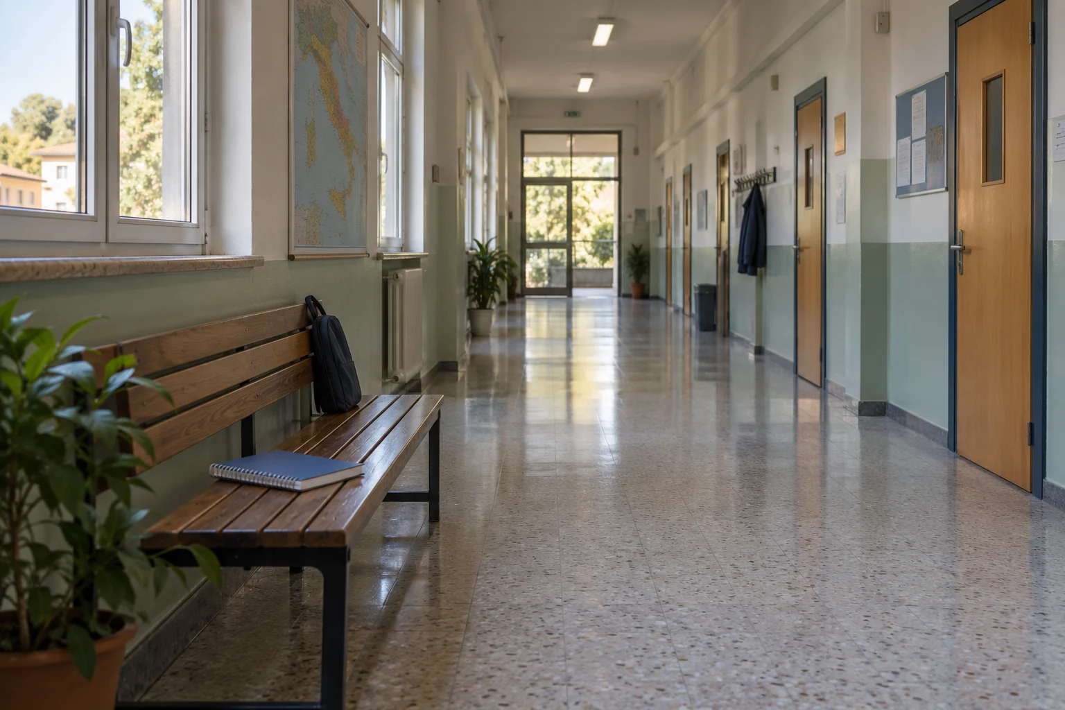 Immagine di contesto generata con IA: Corridoio scolastico vuoto con porte delle aule chiuse.