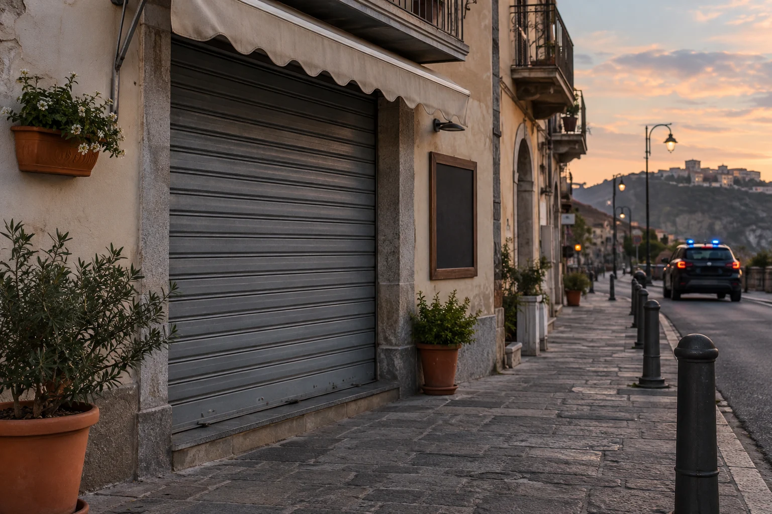Immagine di contesto generata con IA: Esterno di un esercizio commerciale chiuso in una strada urbana.