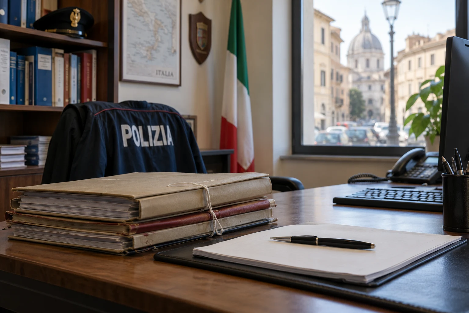 Immagine di contesto generata con IA: Fascicoli giudiziari chiusi sulla scrivania di un ufficio.