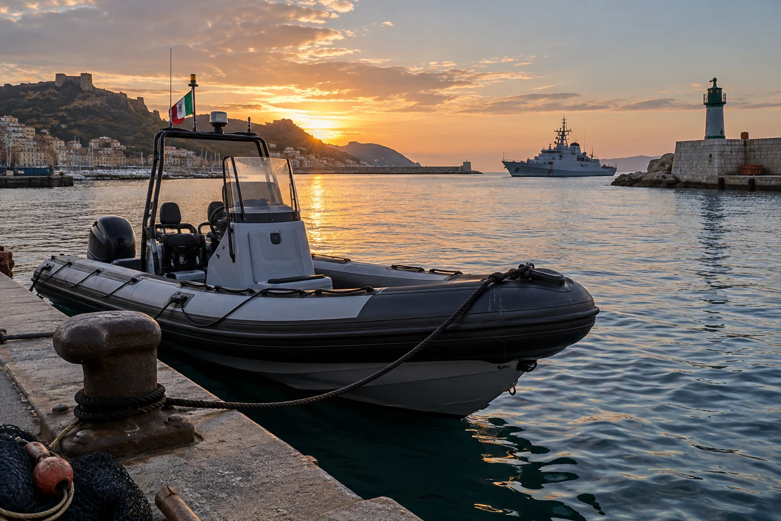 Immagine di contesto generata con IA: Gommone veloce ormeggiato in un porto atlantico al mattino.