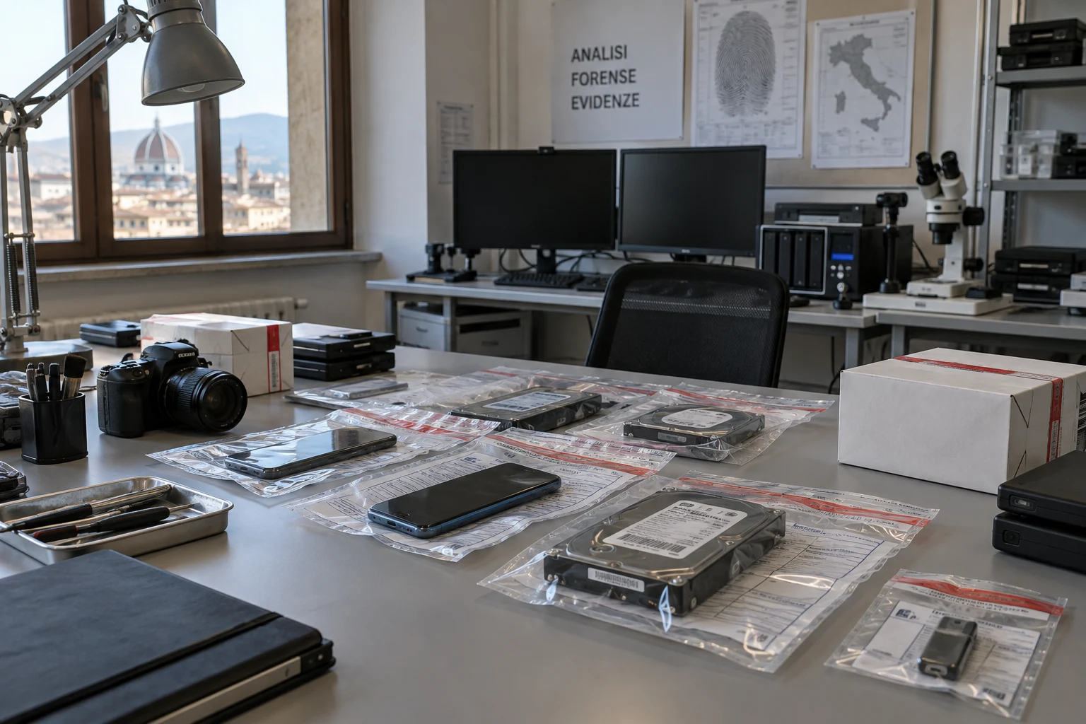 Immagine di contesto generata con IA: Laboratorio informatico con dispositivi in buste sigillate.