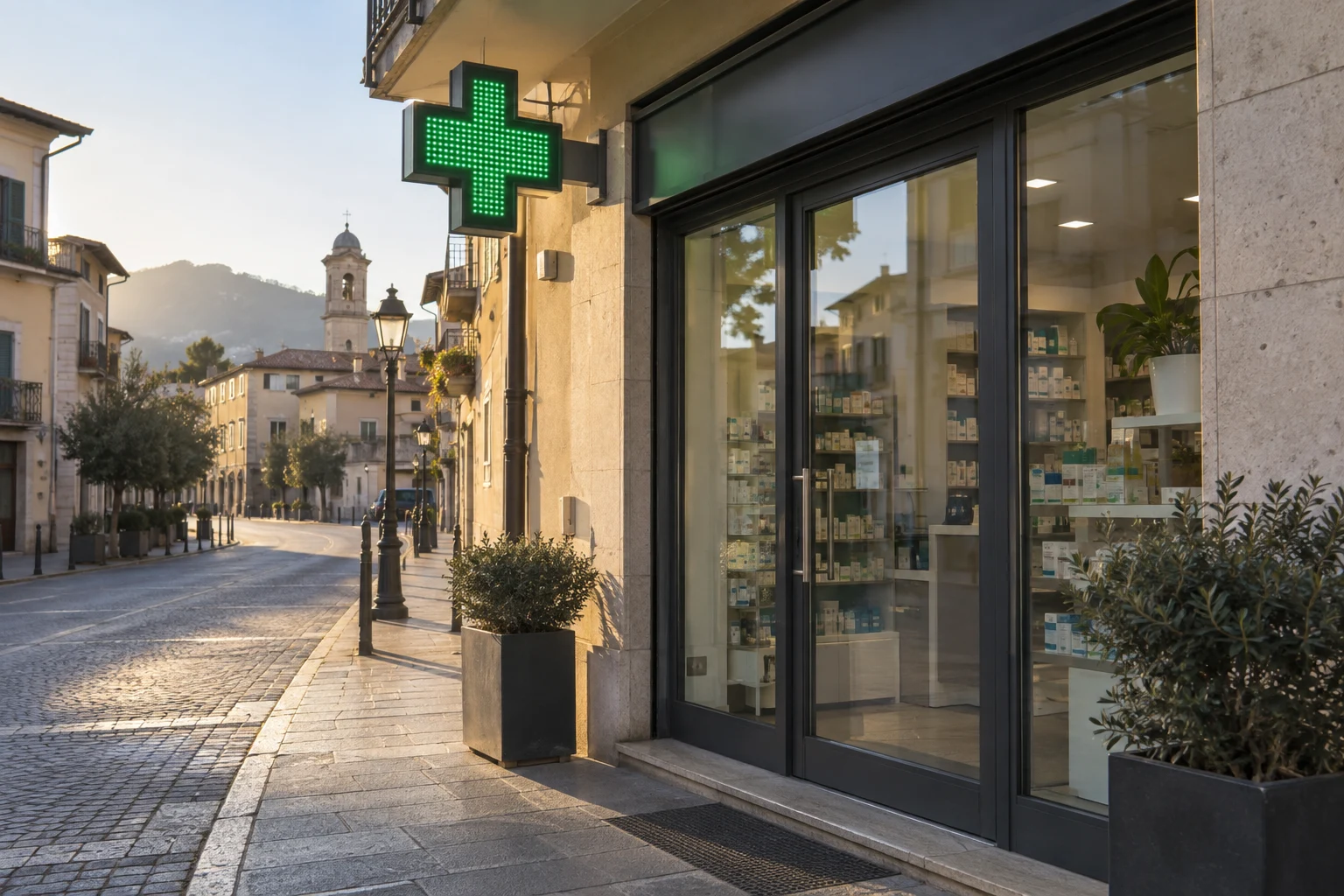Immagine di contesto generata con IA: farmacia di quartiere con croce verde e strada senza persone.