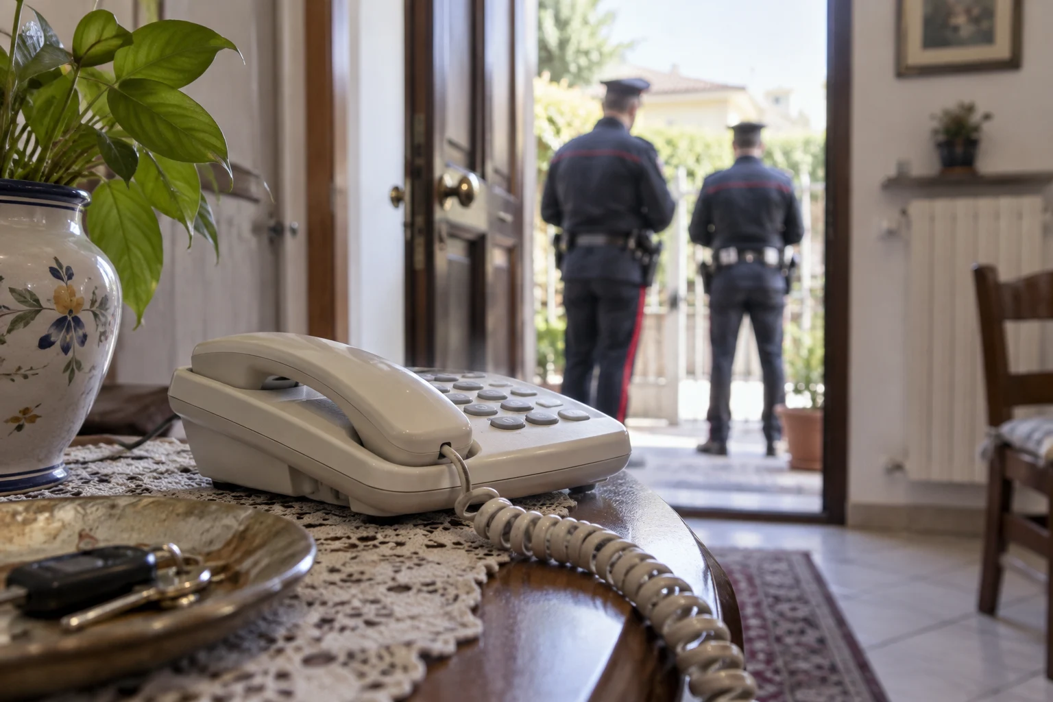 Immagine di contesto generata con IA: telefono in un soggiorno e due operatori sfocati oltre la porta.