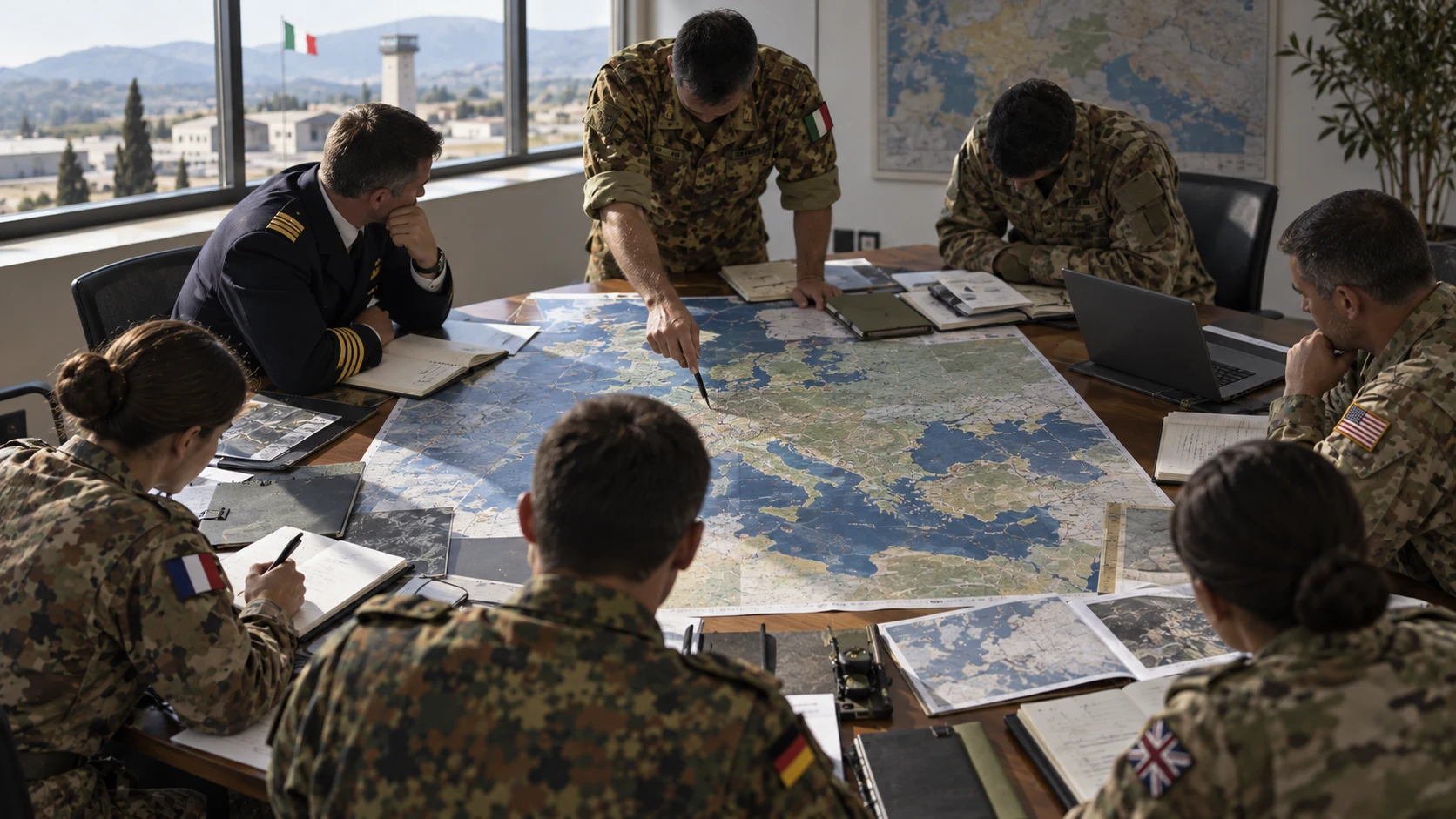 Scena generica generata con IA di militari che lavorano a un tavolo di pianificazione