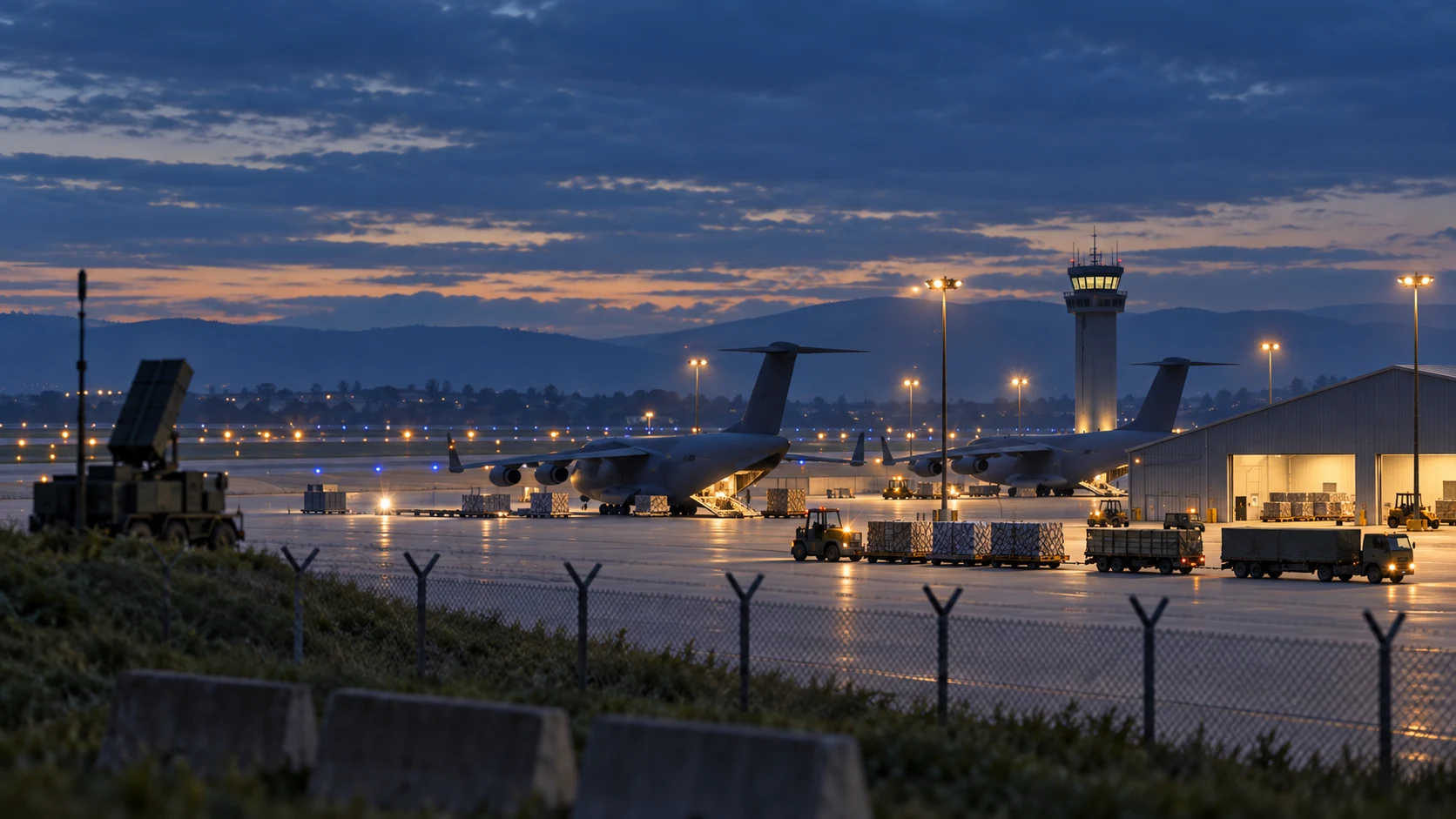Scena fotorealistica generata con IA di un aeroporto logistico generico al crepuscolo