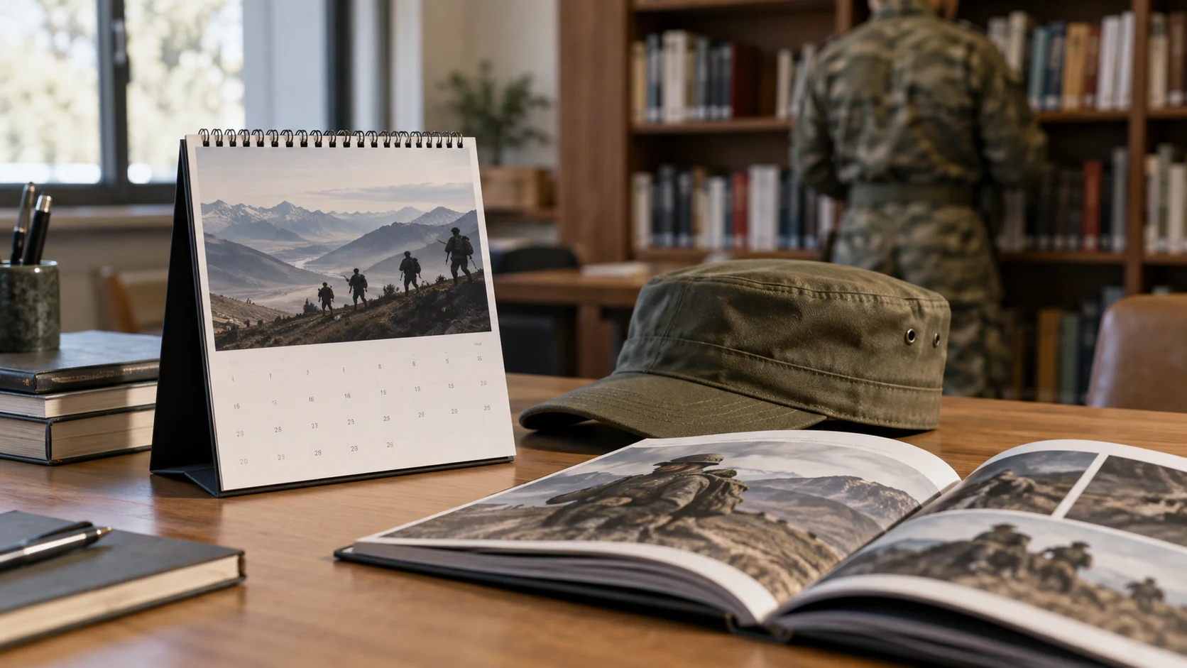 Immagine di contesto generata con IA di un calendario, un volume fotografico e un berretto su una scrivania