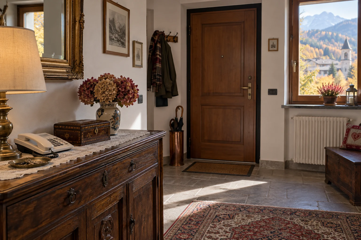 Immagine di contesto generata con IA: ingresso di un’abitazione, telefono e portagioie su una credenza.