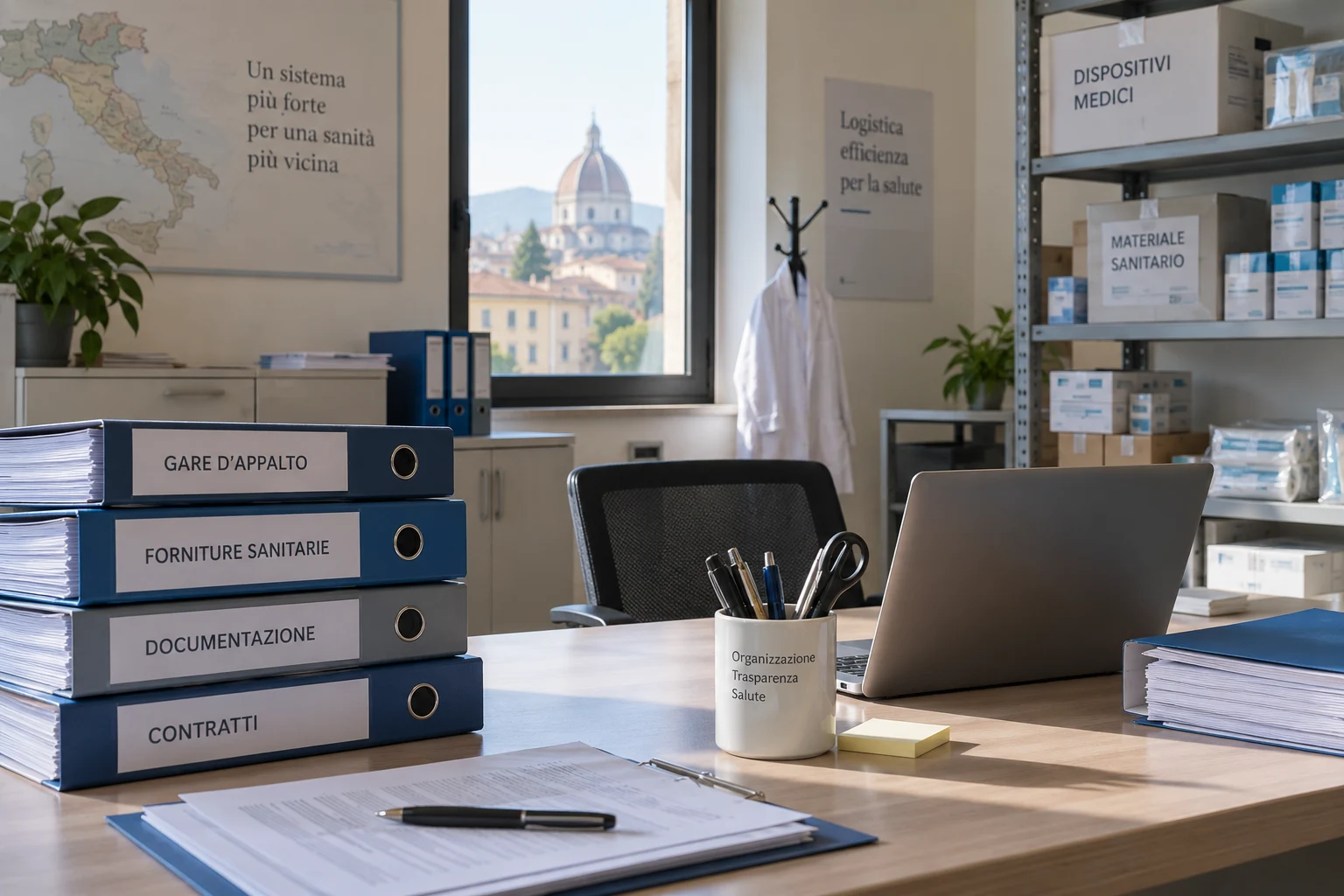 Immagine di contesto generata con IA: Ufficio per le forniture sanitarie con raccoglitori e scatole.