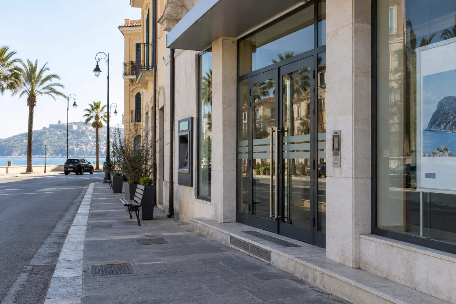 Immagine di contesto generata con IA: facciata di un edificio bancario generico su una strada costiera.