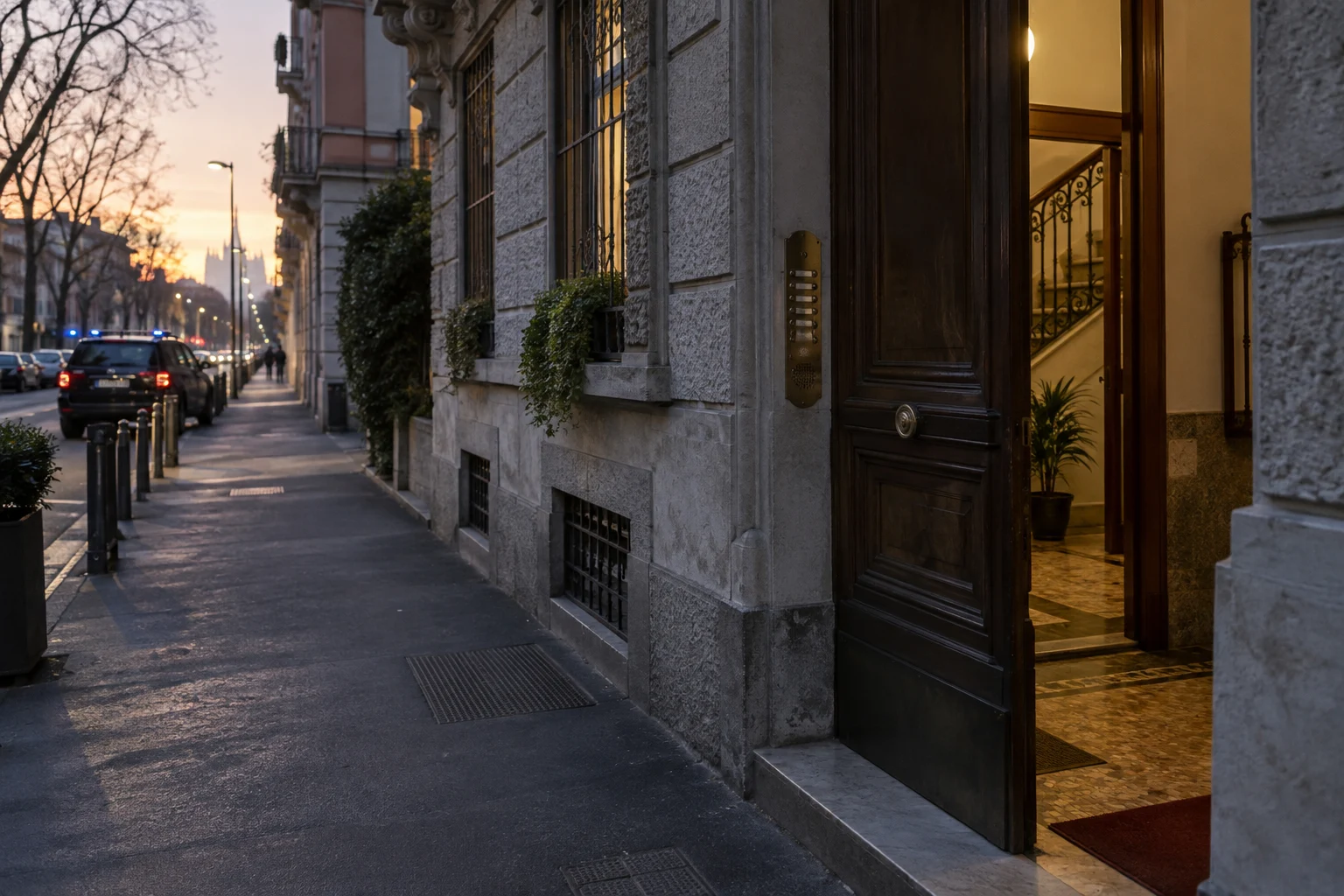 Immagine di contesto generata con IA: Ingresso di un palazzo residenziale e veicolo distante.
