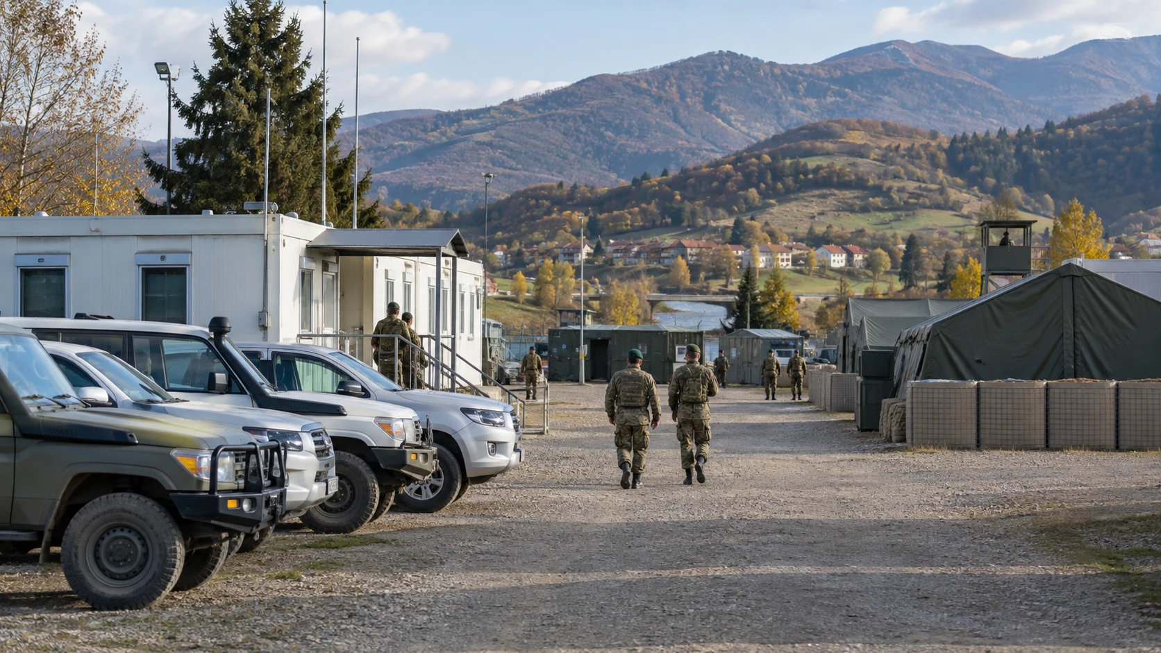 Immagine generata con IA di un campo militare generico in un paesaggio balcanico
