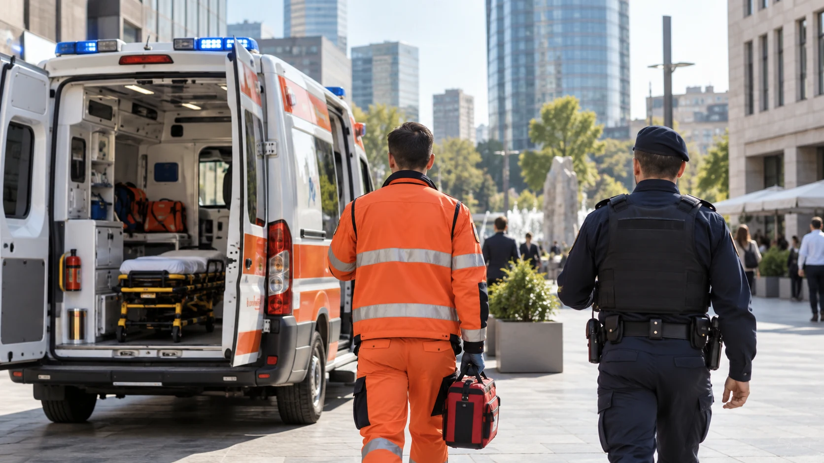Scena di contesto generata con IA con un’ambulanza e operatori di soccorso in una piazza urbana