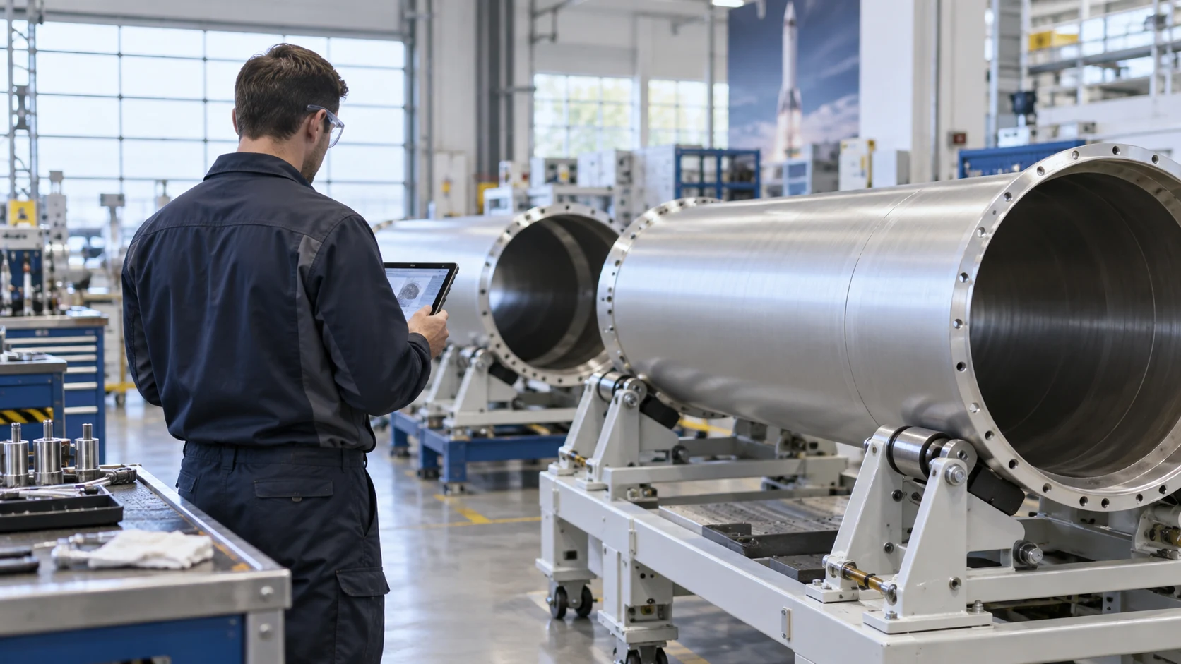 Immagine generata con IA di involucri metallici vuoti in un’officina aerospaziale generica