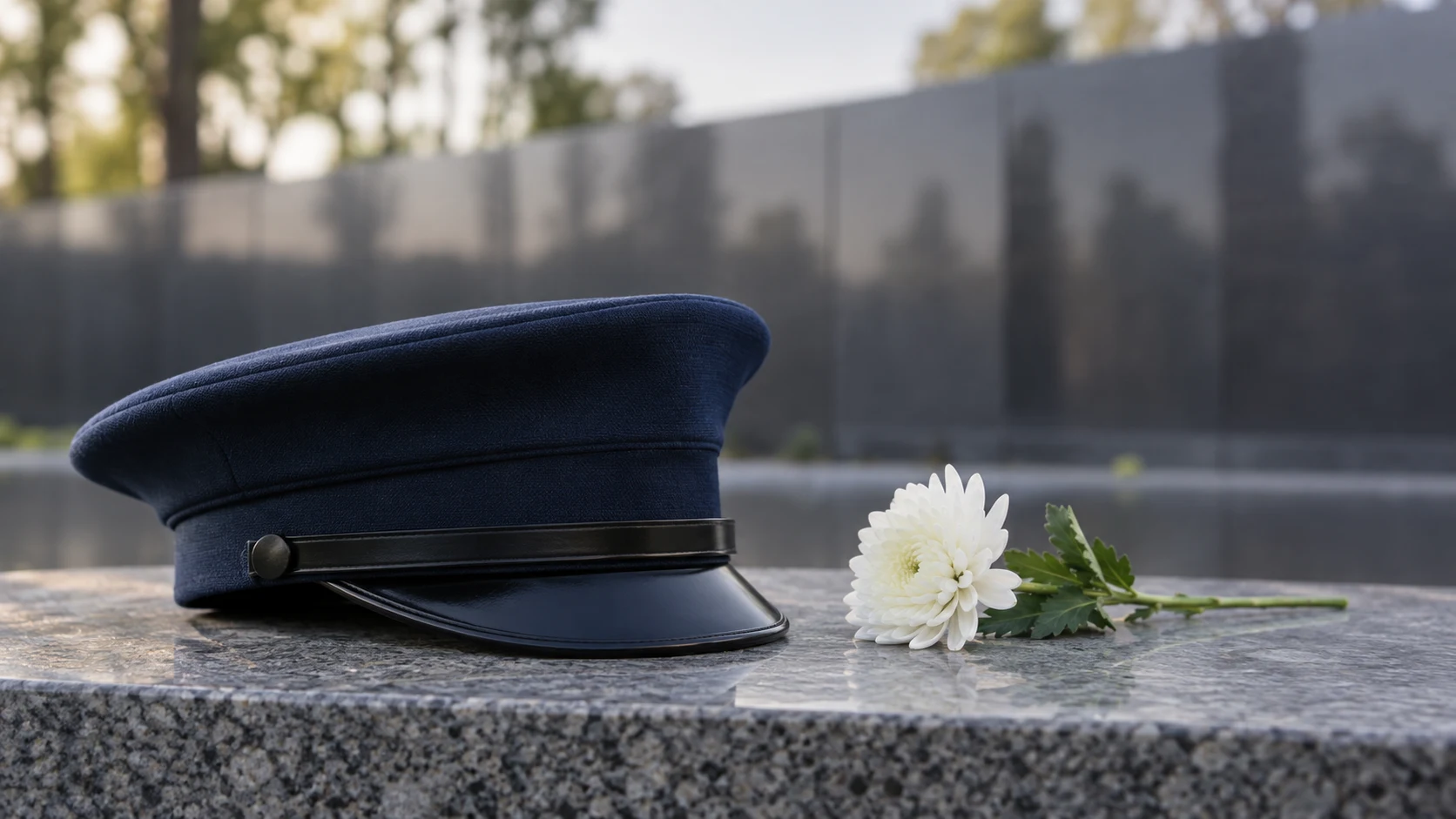 Immagine commemorativa generata con IA con un berretto generico e un fiore bianco su una superficie in pietra
