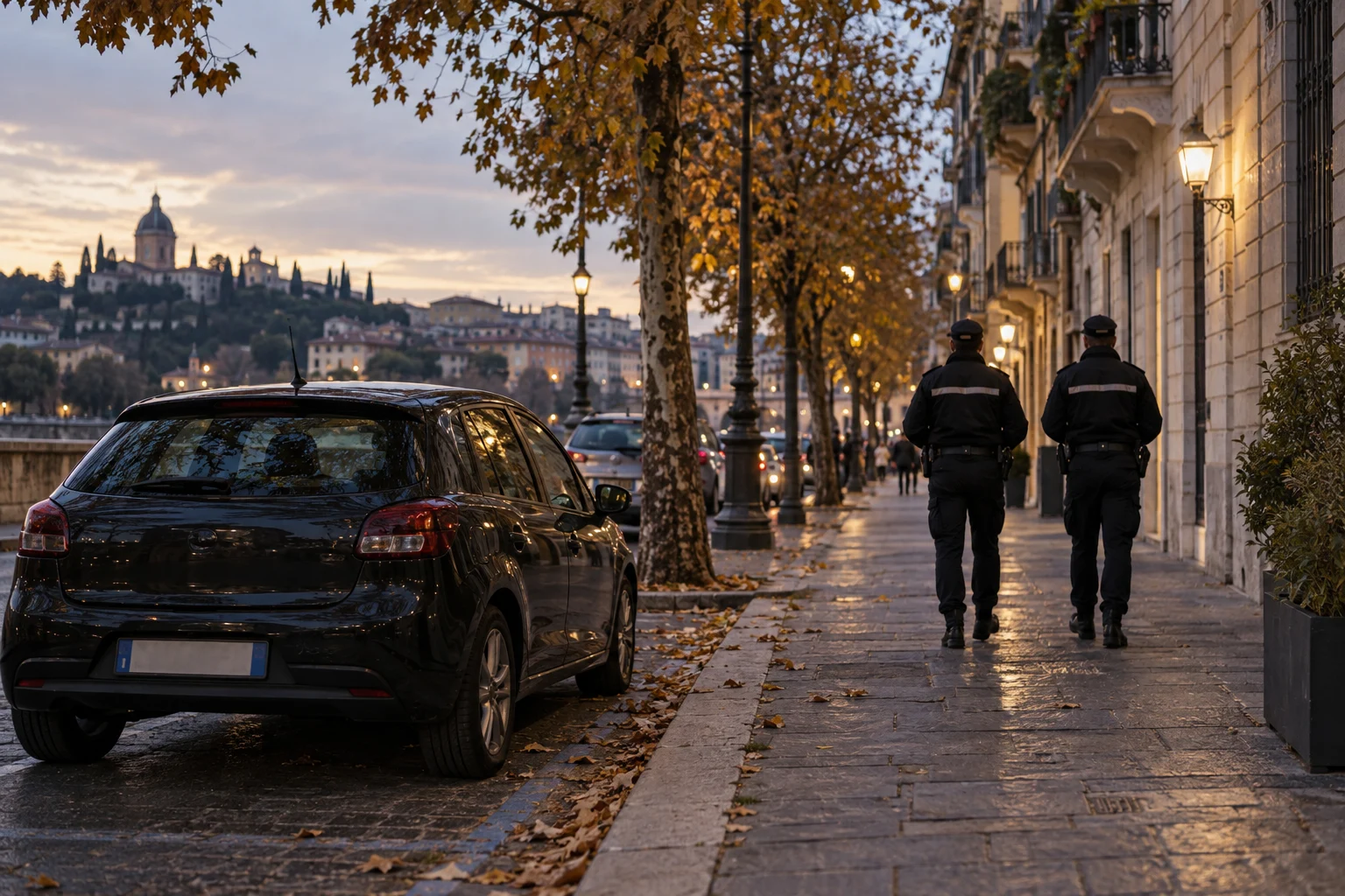 Immagine di contesto generata con IA: automobile parcheggiata e due operatori di pattuglia visti di spalle.