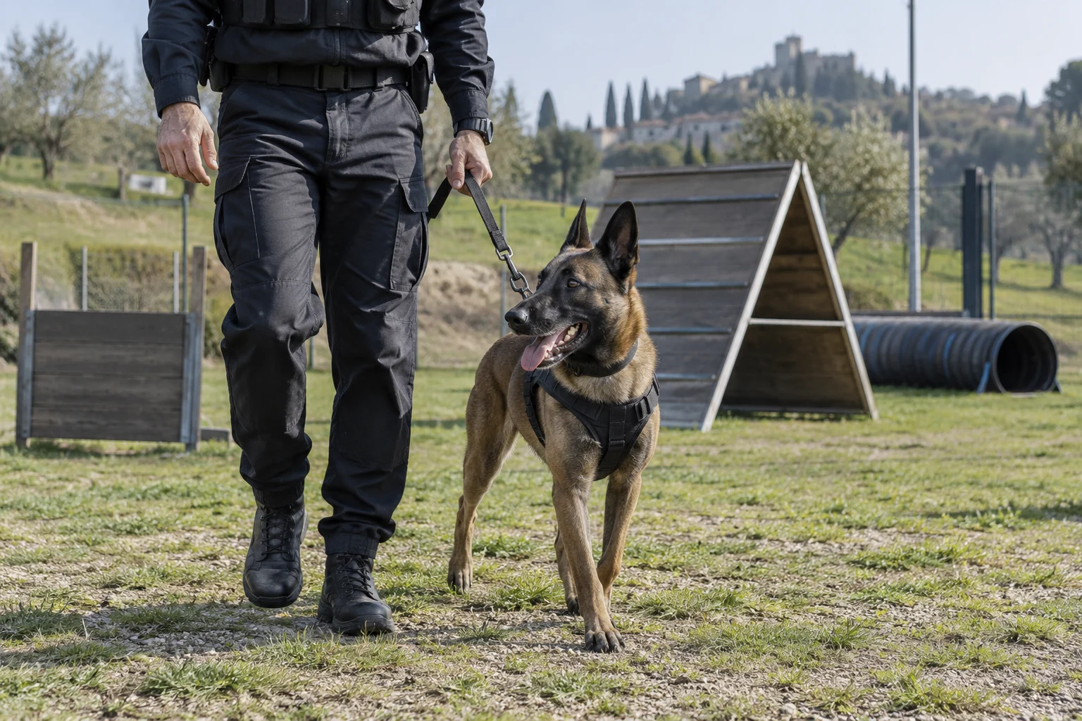 Immagine di contesto generata con IA: Cane da addestramento con conduttore adulto in un campo.