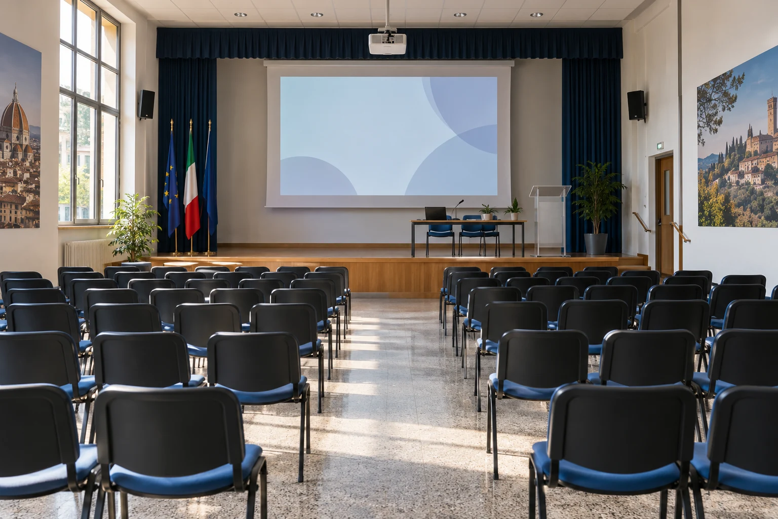 Immagine di contesto generata con IA: Sala scolastica predisposta per un incontro sulla sicurezza digitale.