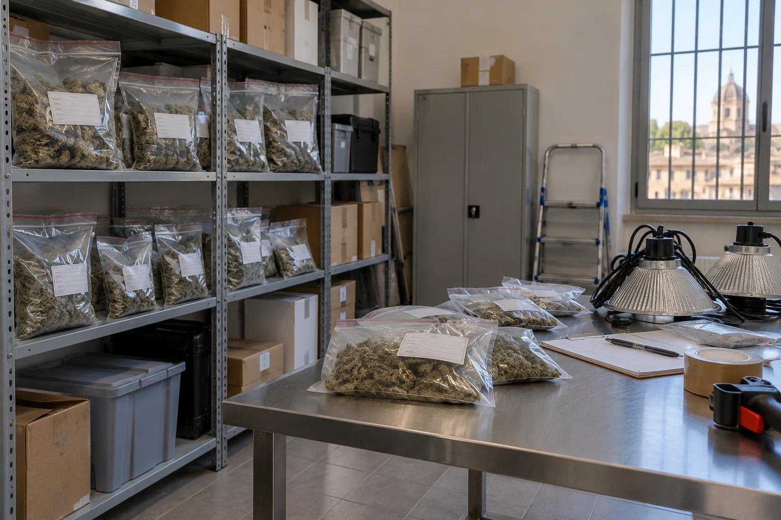 Immagine di contesto generata con IA: Buste con materiale vegetale e attrezzature scollegate in un deposito.