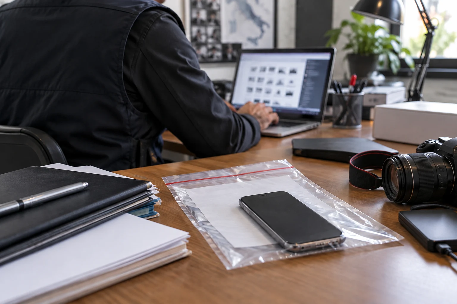 Immagine di contesto generata con IA: Telefono in custodia per reperti e computer in un ufficio.