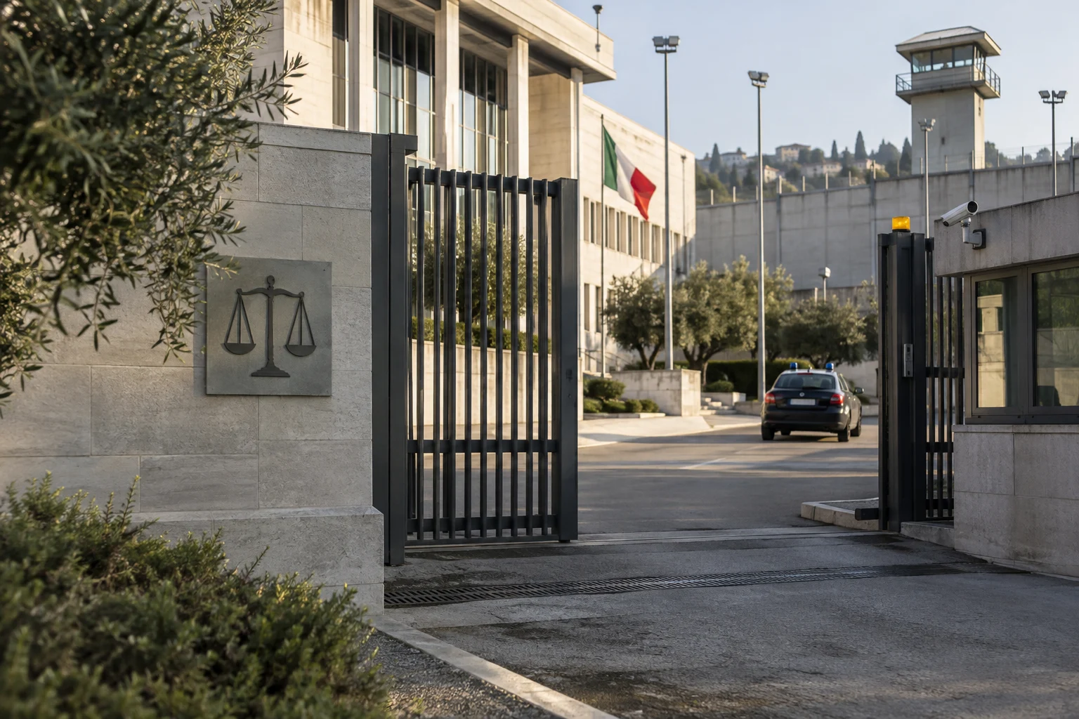 Immagine di contesto generata con IA: Cancello di un edificio giudiziario generico e veicolo sullo sfondo.