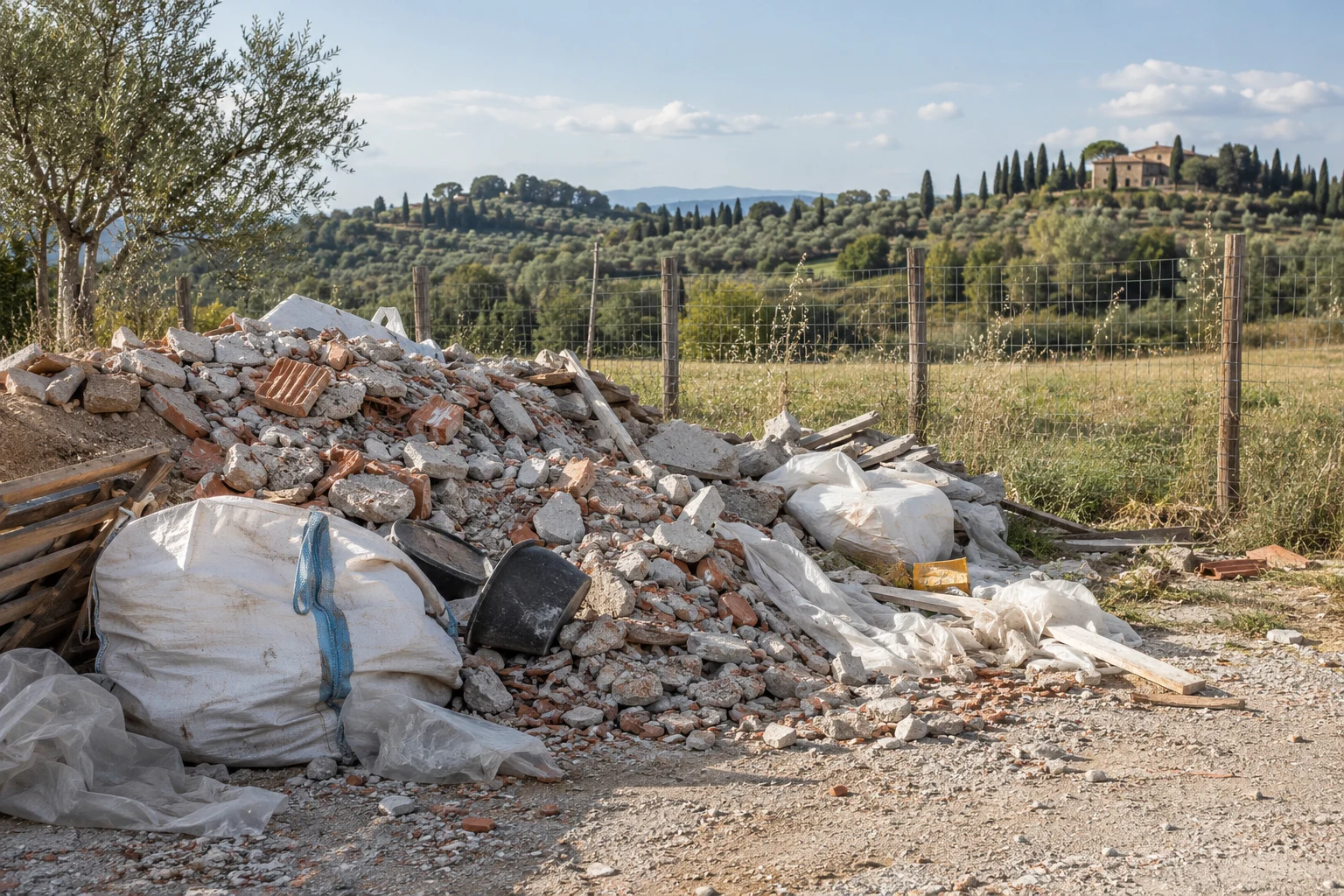 Immagine di contesto generata con IA: Materiali edili e rifiuti in un’area rurale recintata.