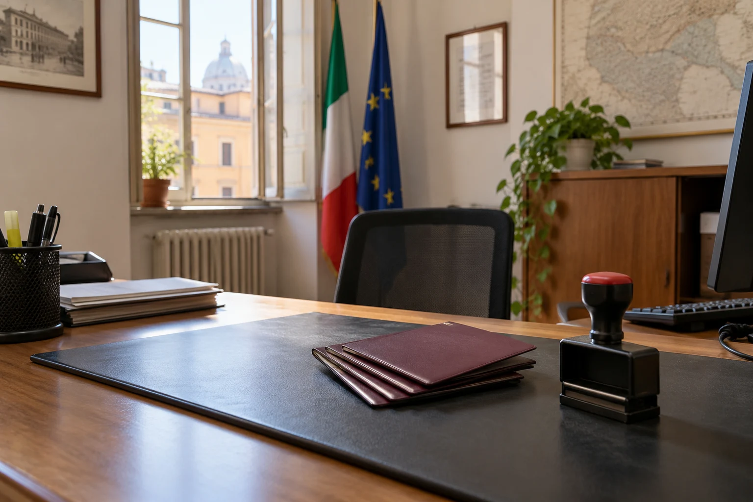 Immagine di contesto generata con IA: Sportello anagrafico con documenti generici chiusi e timbro.