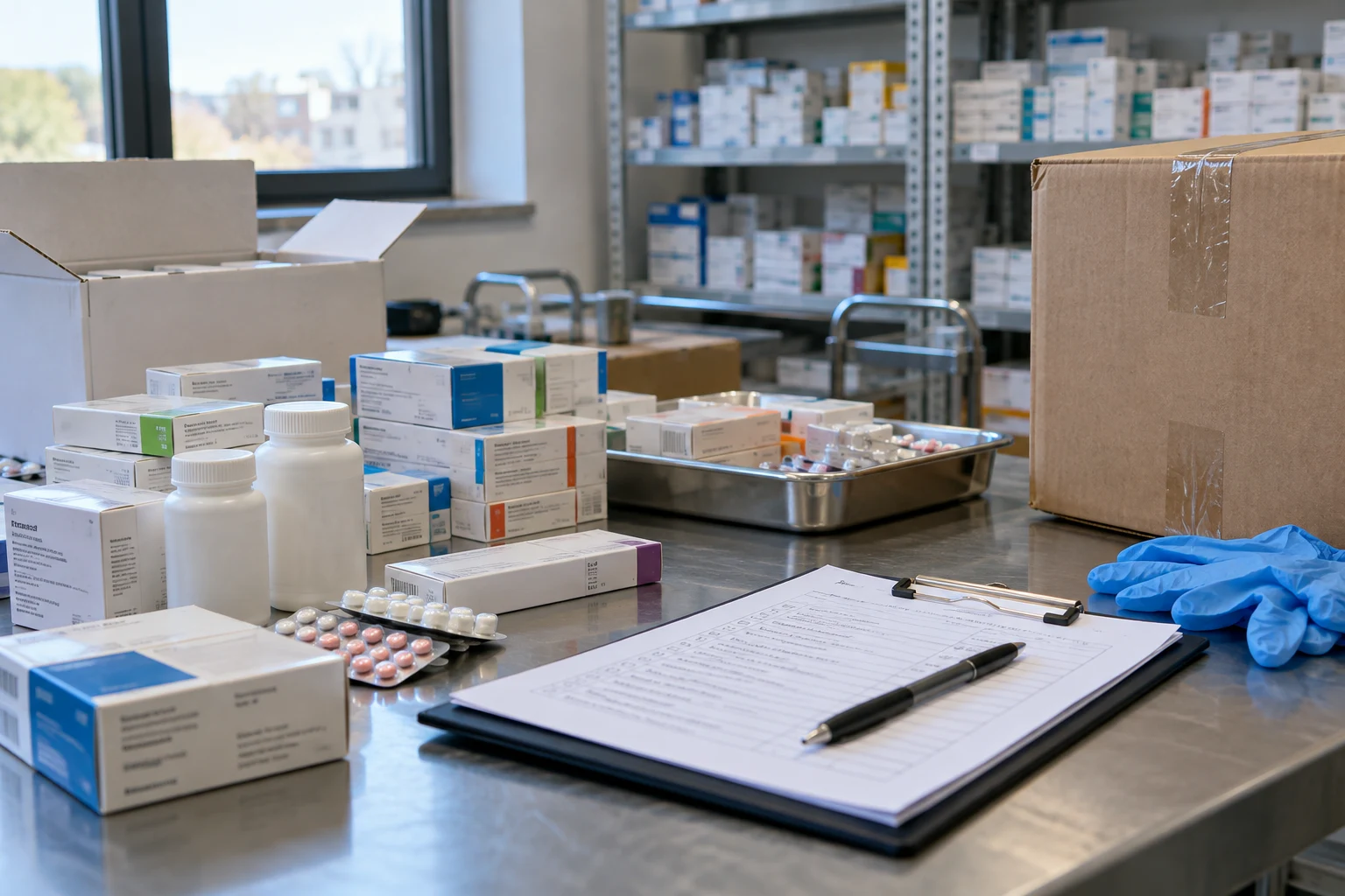 Immagine di contesto generata con IA: confezioni farmaceutiche, scatole e guanti su un banco di controllo.